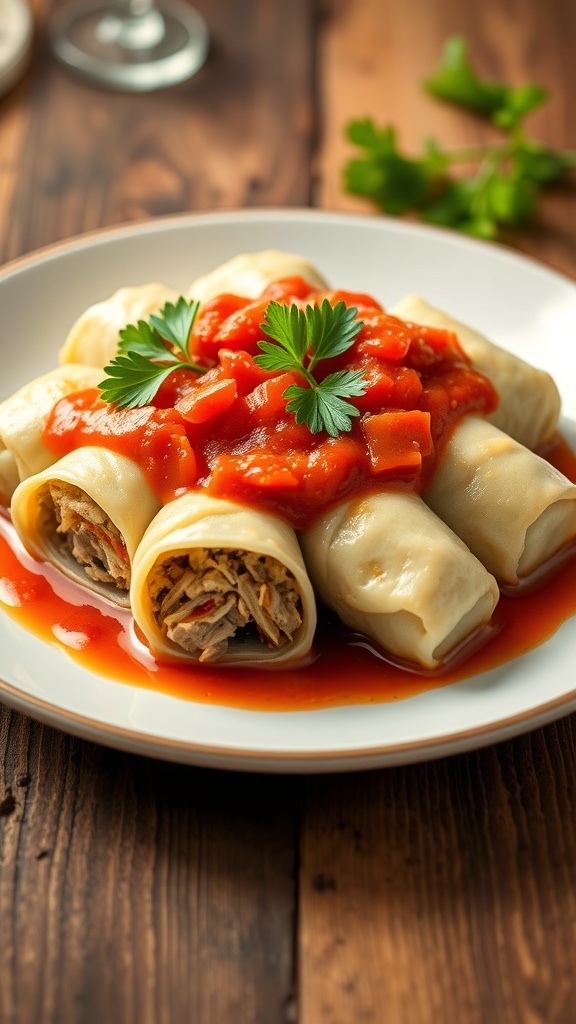 Stuffed cabbage rolls with beef in tomato sauce, garnished with parsley on a rustic wooden table.